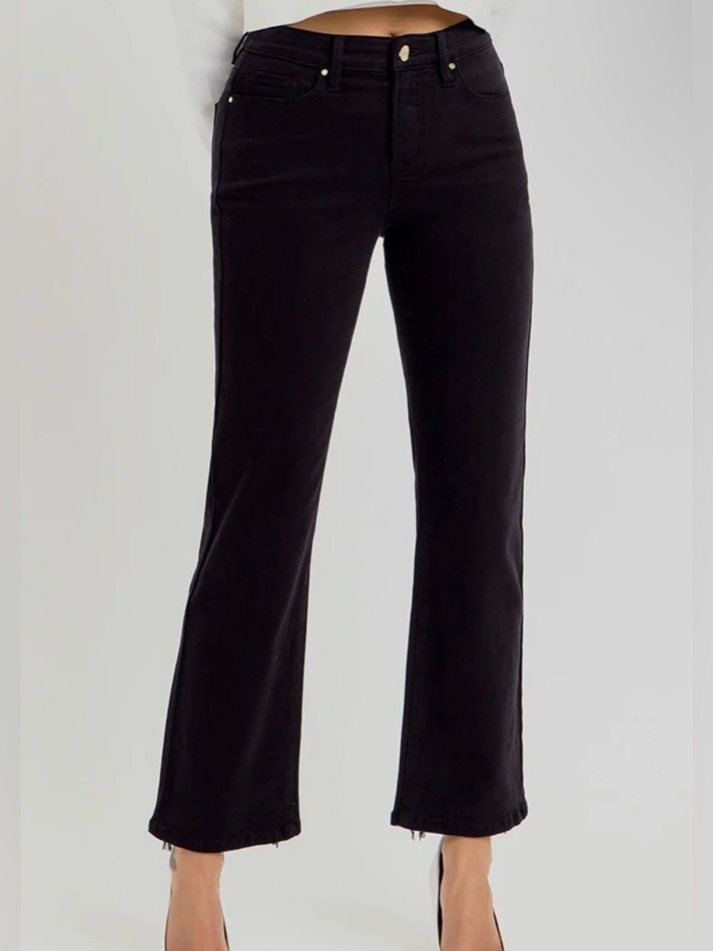 Risen Ankle Cropped Straight Leg Black Denim Jean